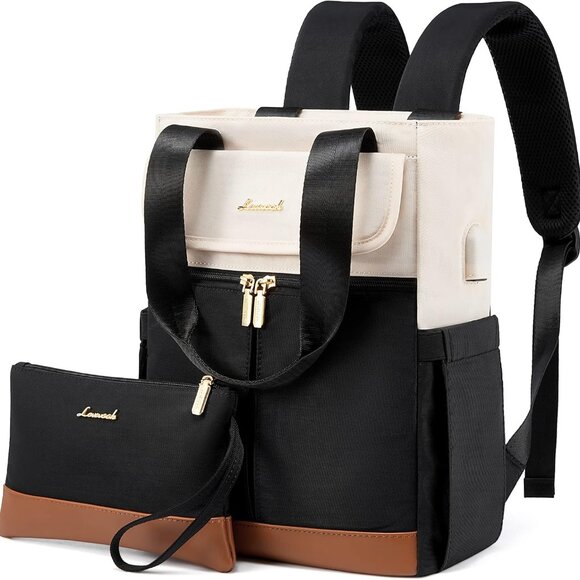 Convertible Mini Backpack Purse Black-Cream Multi-Carry Tote Small College Trave - Picture 1 of 6